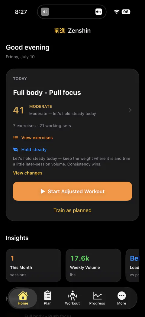 Zenshin’s home screen: readiness 41, moderate, and today’s pull-focused session adjusted to hold steady.